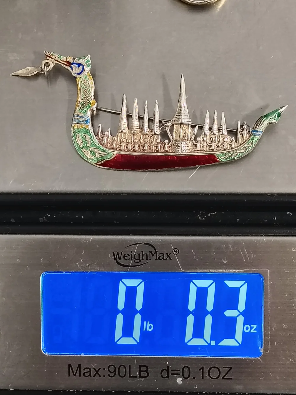 Vintage Siam Sterling Silver Thai Royal Dragon Boat Enamel Brooch Pin